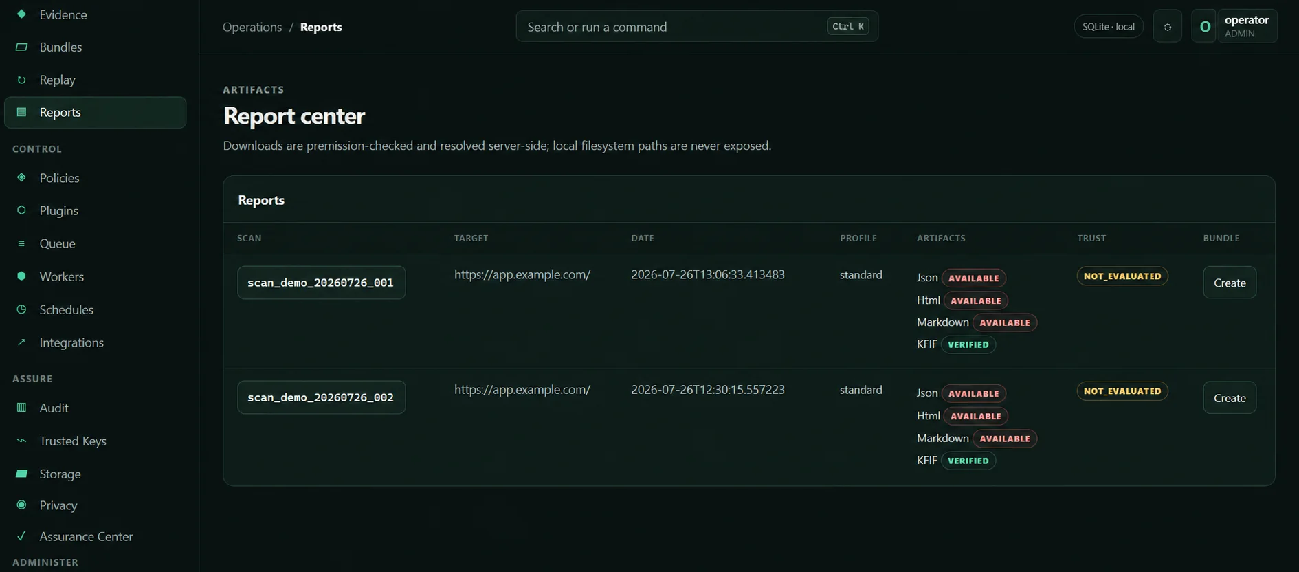 Sanitized report center showing verified KFIF artifacts